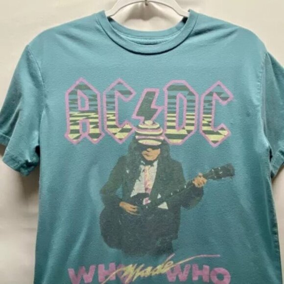 AC/DC Who Made Who Print Shirt Adult Small Aqua Multicolor 80’s Retro Logo Tee - Picture 2 of 13